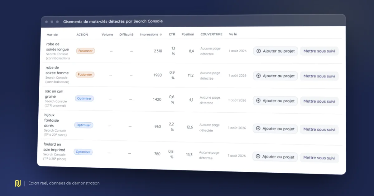 Capture de l’écran Gisements de mots-clés détectés par Search Console de NessFlow, sur un jeu de démonstration.